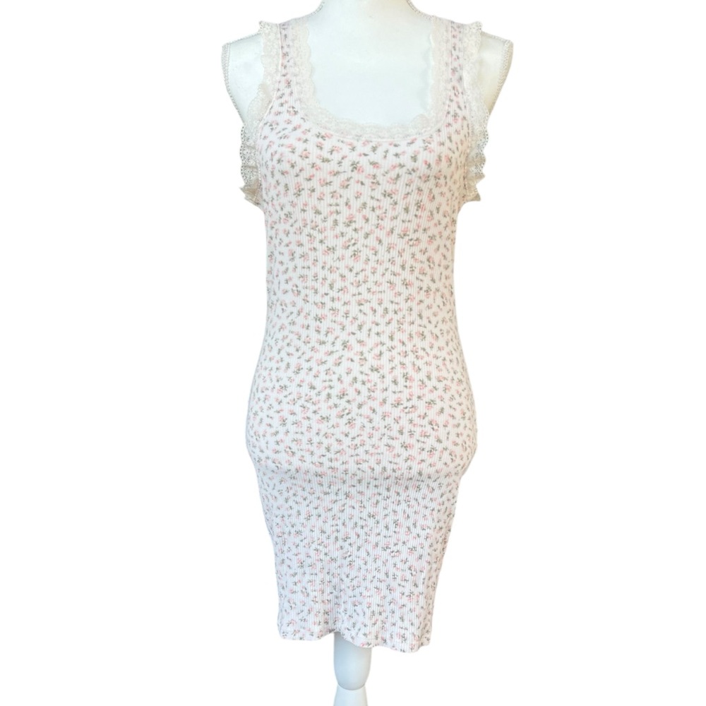 Retro y2k divided hm ribbed babydoll maxi dress white floral lace women medium